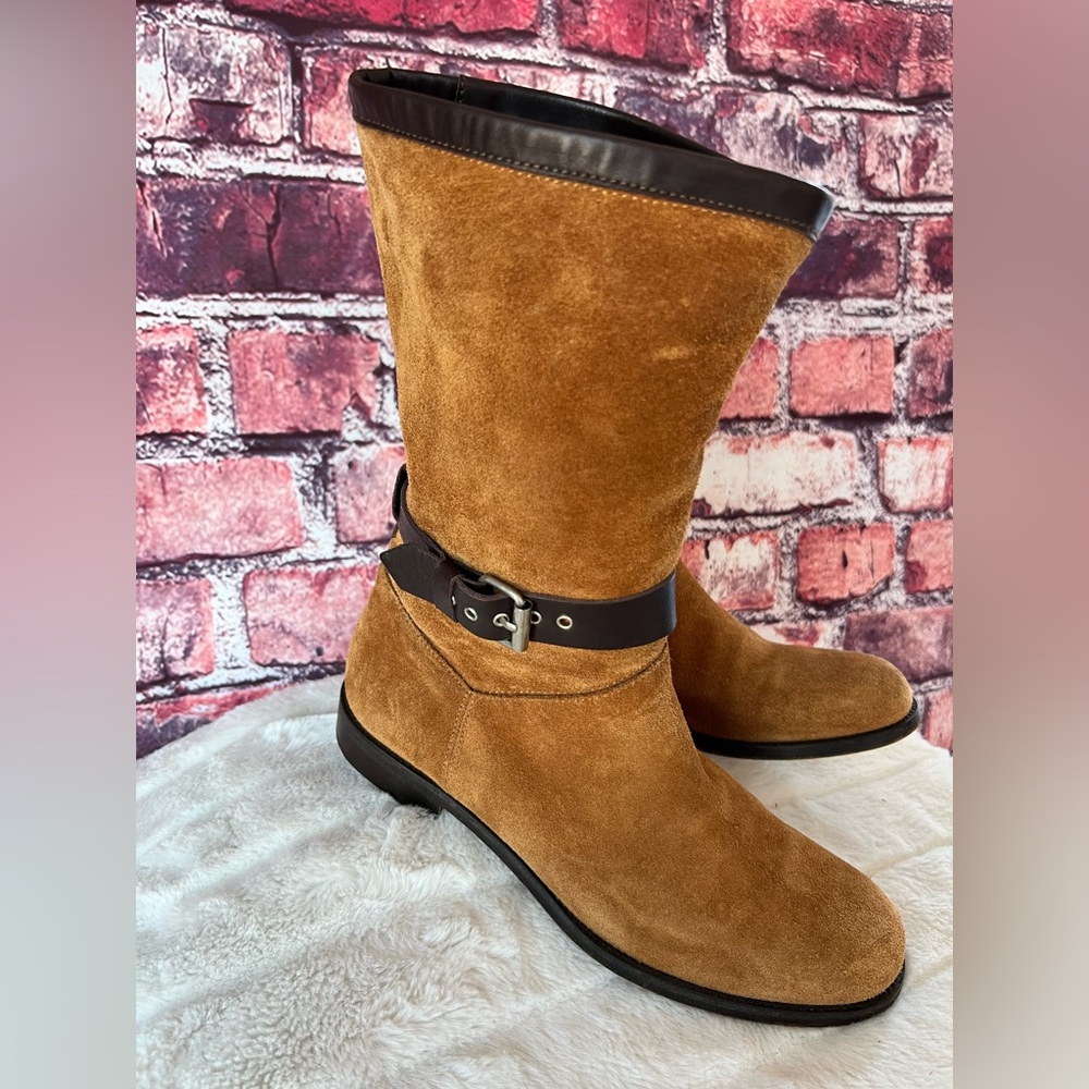 Studio Pollini Tan Suede Mid-Calf Boots with Dark Brown Strap
